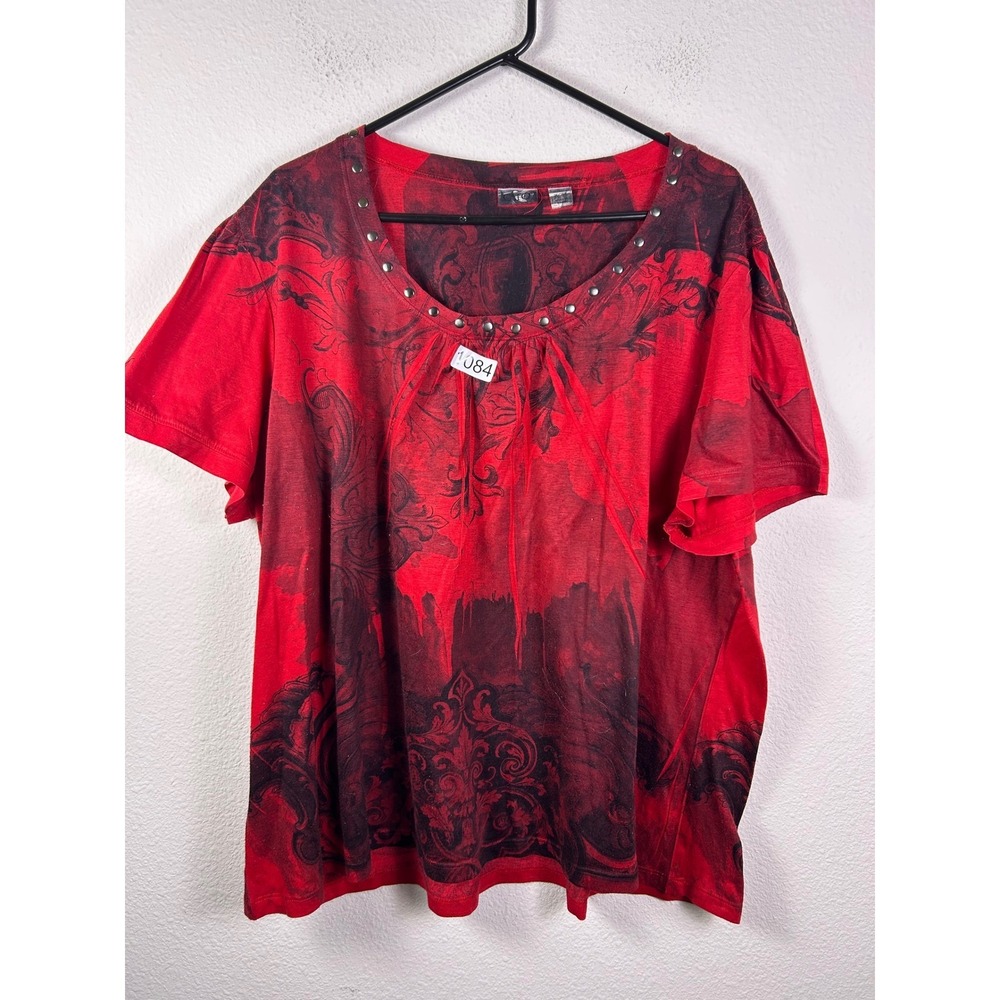 Cato Womens Red Black Damask Graphic Studded Scoop Neck T-Shirt Plus Size 26/28W